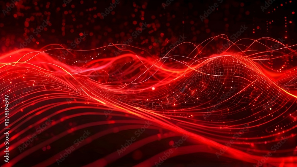 Poster abstract red background with a futuristic fractal design featuring flowing waves of light and patter