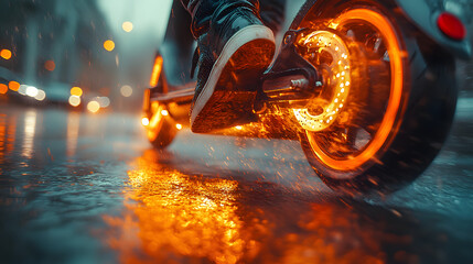 A close-up of an electric scooter in motion, showing the rider’s legs and casual clothing, emphasizing urban mobility, eco-friendly transportation, and modern convenience for city commuting, perfect f