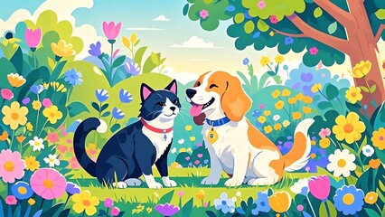 Vector image of a cat and a dog playing together in a green park, surrounded by colorful flowers and trees. Cheerful and friendly expressions.