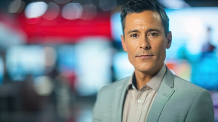 A news anchor delivers a live report from the studio, engaging viewers with important updates and insights during the evening segment