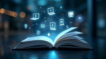 Open book with various computer, money icons in the form of holograms above the open book on a blurred futuristic background.