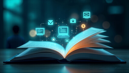 Open book with various computer, money icons in the form of holograms above the open book on a blurred futuristic background.