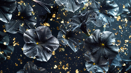 Close-up of black flowers with gold inserts. Black petunia buds are floating in the air. A postcard for March 8th. A symbol of beauty and decay. The stage is the epitome of elegance