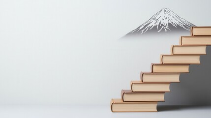 Growth through becoming a lifelong learner concept. A creative depiction of books forming stairs leading to a mountain, symbolizing growth, knowledge, and achievement