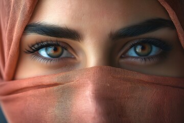 Headshot portrait of a woman in a hijab, showcasing her beautiful eyes and serene expression, with soft lighting highlighting her elegance and cultural pride