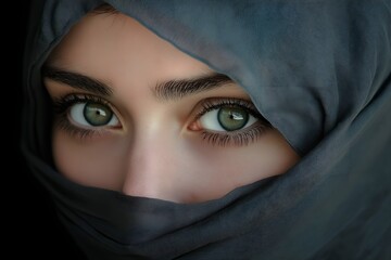 Headshot portrait of a woman in a hijab, showcasing her beautiful eyes and serene expression, with soft lighting highlighting her elegance and cultural pride