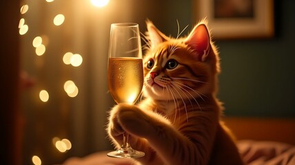 Red tabby cat holding a glass of champagne, cheerfully welcoming the new year 2025