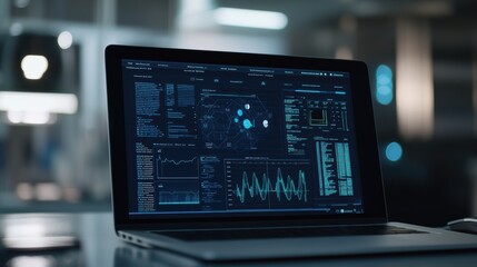 Close-up of a professional laptop displaying a secure medical database with comprehensive data visualizations and cybersecurity overlays in a modern office setting.