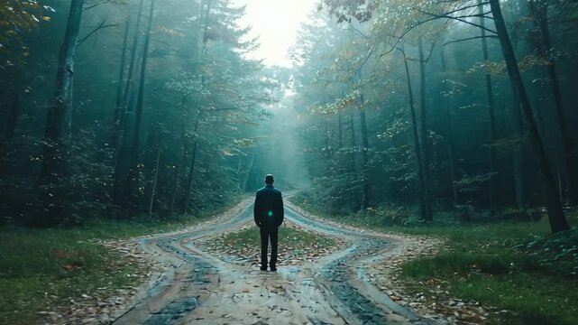 Man at a Crossroads in the Forest, path, fork in the road, decision, choice, direction