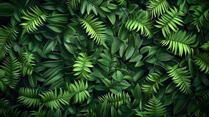 Obraz premium Detailed close-up image of lush rainforest ferns, providing a rich backdrop with dark green leaves and a variety of vibrant shades.