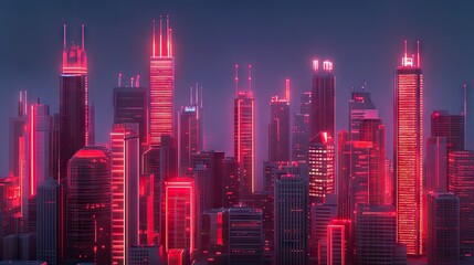 Futuristic City Skyline at Night with Neon Red Lights Illuminating Skyscrapers Under a Dark Sky, Showcasing Modern Architecture and Urban Vibes