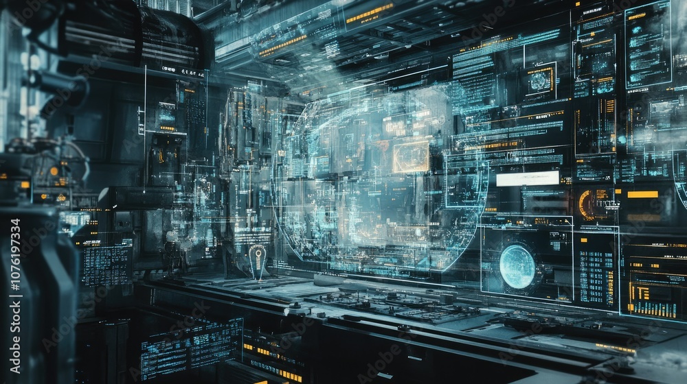 Poster futuristic tech interface with data visualizations