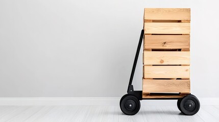 Wooden Crates on Hand Truck in Modern Minimalist Space Perfect for Displaying Natural Products and Evoking Rustic Charm in Contemporary Settings