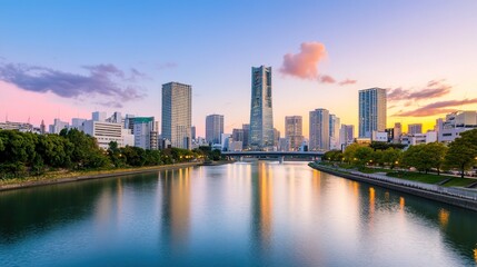 Serene Sunset View of Urban Skyline Reflected in Calm Water with Modern Buildings and Lush Greenery Along the Riverbank in a Vibrant City Setting