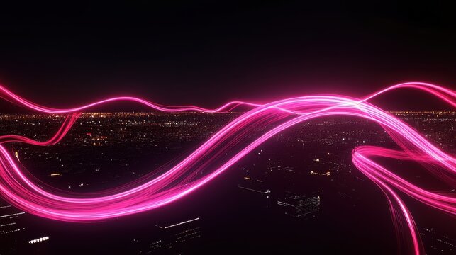A vibrant nightlife scene with flowing pink light trails over a city skyline, creating a dynamic and energetic atmosphere.