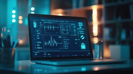 Fototapeta premium Close-up of a laptop displaying a medical data interface with health statistics and cyber protection icons, set in a modern workspace with a secure data overlay and detailed information visuals.