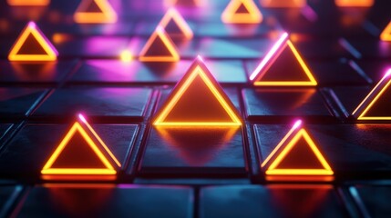 Vibrant neon triangles glowing on a reflective surface, creating a futuristic ambiance.