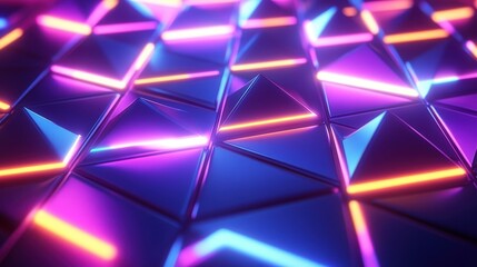 Vibrant abstract design featuring glowing pyramid shapes in purple and blue hues.