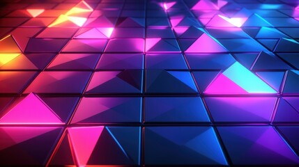 A vibrant array of colorful geometric triangles in shades of pink, blue, and purple, creating a dynamic, energetic atmosphere.