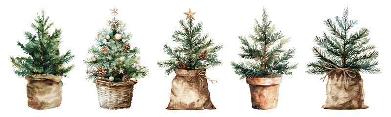 Watercolor christmas tree png cut out element set