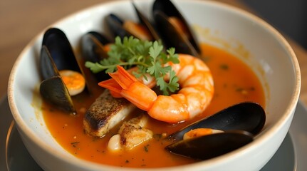 Soup with mussels and shrimps close-up.