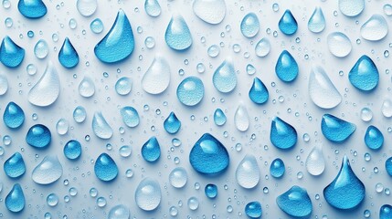 Close-up of vibrant blue water droplets on a light background, creating a refreshing and clean aesthetic.