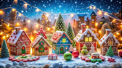Obraz premium Gingerbread Village Delight: A Magical Celebration of Childhood Imagination and Sweet Memories in a Whimsical Winter Wonderland Scene Full of Colorful Treats and Cozy Atmosphere