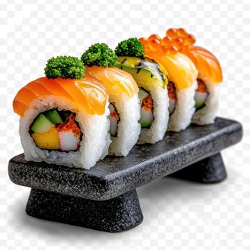 A photostock of assorted sushi rolls with colorful toppings, perfect for Japanese cuisine or dining themes, isolated on transparent PNG background, High Quality