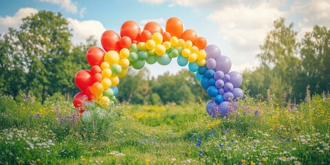 A vibrant balloon rainbow arch stands amidst a sunny meadow filled with wildflowers and lush greenery, creating a joyful outdoor scene.