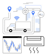 Delivery truck with GPS pins, data chart, temperature control, wireless cloud connection. Ideal for delivery management, supply chain, real-time tracking, logistics data analysis, IoT connectivity