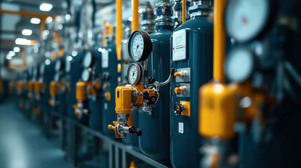 Row of industrial gas pressure tanks with yellow valves and pressure gauges in a factory setting, showcasing industrial equipment and technology.