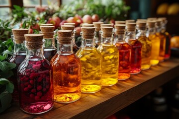 Many colorful oils with natural ingredients such as herbs, garlic and spices. Generative AI