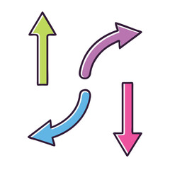 Multicolored arrow vector icon set, Vector icon set of four arrows in green, purple, blue, and pink, representing navigation, movement, and colorful direction indicators.

