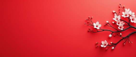 Cherry blossom branch on red background with copy space. Minimal floral design