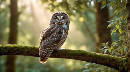 Fototapeta premium Owl sitting in a tree in the forest