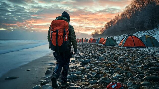 Backpacker Walking Along a Rocky Beach at Sunset with a Row of Tents in the Background, camping, campsite, ocean, sea, water
