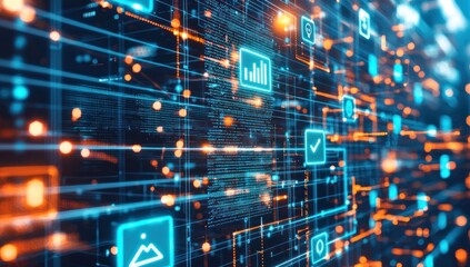 Obraz premium Abstract Digital Network with Neon Lights and Icons