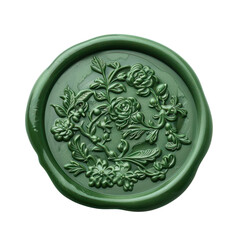 A green wax seal adorned with a detailed floral embossing, showcasing elegant roses and foliage in a decorative circular arrangement.