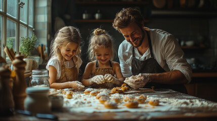 Father and daughters making dough together in cozy, warmly lit kitchen