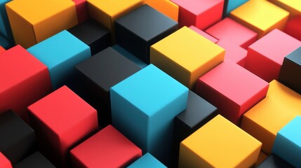 Obraz premium A vibrant mix of colorful cubes stacked together, showcasing black, red, yellow, and blue tones in a visually engaging manner.