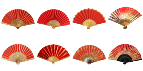 Chinese fan png isolated object set transparent background for lunar newyear purpose.