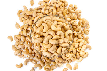 cashew nuts in glass bowl on white background