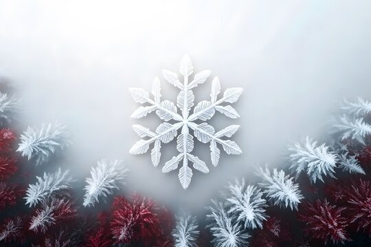 Delicate Snowflake Art Over Frosty Red and White Foliage Creating a Stunning Winter Wonderland Scene for Seasonal Celebrations and Nature Enthusiasts