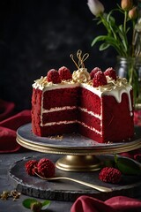 Fototapeta premium Delicious Red Velvet Cake, cream cheese frosting garnished with raspberries