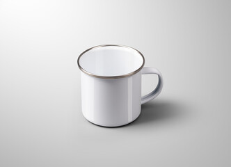 Mockup of a white metal cup for a hot drink, isolated on a background. Enamel mug