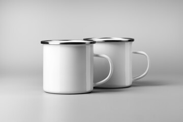 Mockup of two white metal cups, enamel mug with mirrored side, handle, presentation of object for design, pattern, branding.