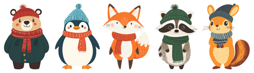 winter animal character png cut out element set