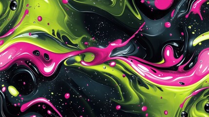 Vibrant abstract swirling patterns in neon pink, green, and black, creating a dynamic visual explosion.