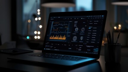 Close-up of a laptop screen on a modern dark desk setup, displaying an advanced digital health database with secure data lock icons, detailed health metrics, and analysis charts in a workspace.