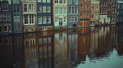 Authentic buildings of Amsterdam and trees covered with orange and crimson leaves reflected in the calm waters of famous Dutch channel. Stunning morning scene of Netherlands, Europe.